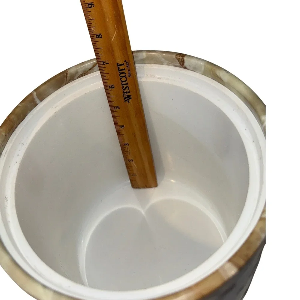 Vintage Faux Marble Onyx Ice Bucket Acrylic Handle Lid Tan Cream MCM Barware